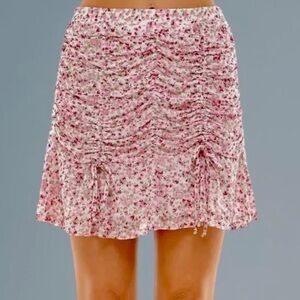 ULTRA FLIRT Skirt Pink Ruched Mesh with Vertical Drawstrings Tiny Rose Ditsy XL
